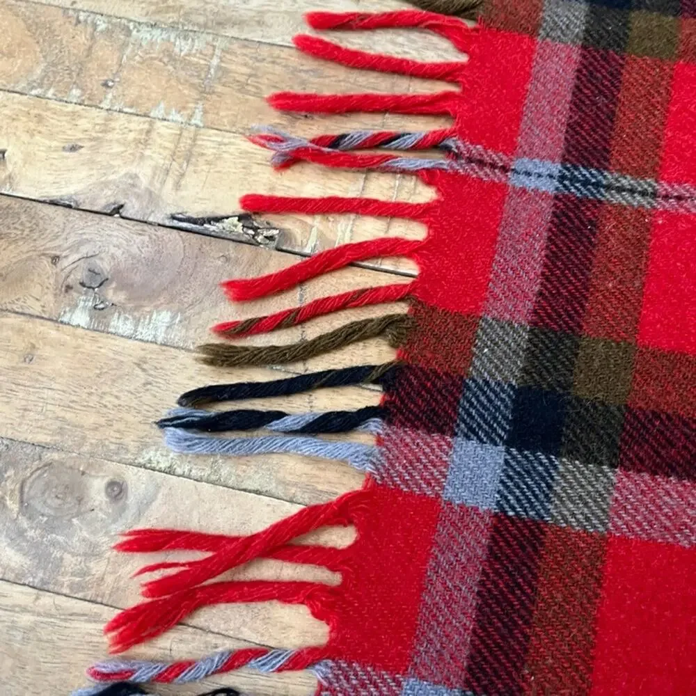 Vintage Red Tartan Plaid Fringed Wool Throw Blanket 49 x 55 in
